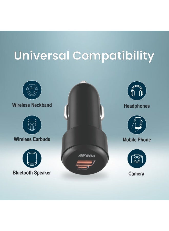 ERD 25W Car Charger Fast Charging Dual Port USB A & C Car Plug Adapter Compact Black Glossy Design Compatible With iPhone 16 15 14 13 12 11 iPad Pro mini 6 Samsung S24 S23 S22 Xiaomi Airpods 4 Apple Watch S10  arabic - Image 4