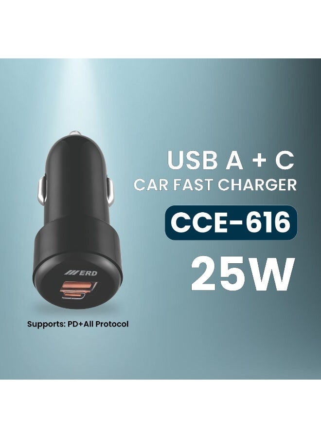 ERD 25W Car Charger Fast Charging Dual Port USB A & C Car Plug Adapter Compact Black Glossy Design Compatible With iPhone 16 15 14 13 12 11 iPad Pro mini 6 Samsung S24 S23 S22 Xiaomi Airpods 4 Apple Watch S10  arabic - Image 1