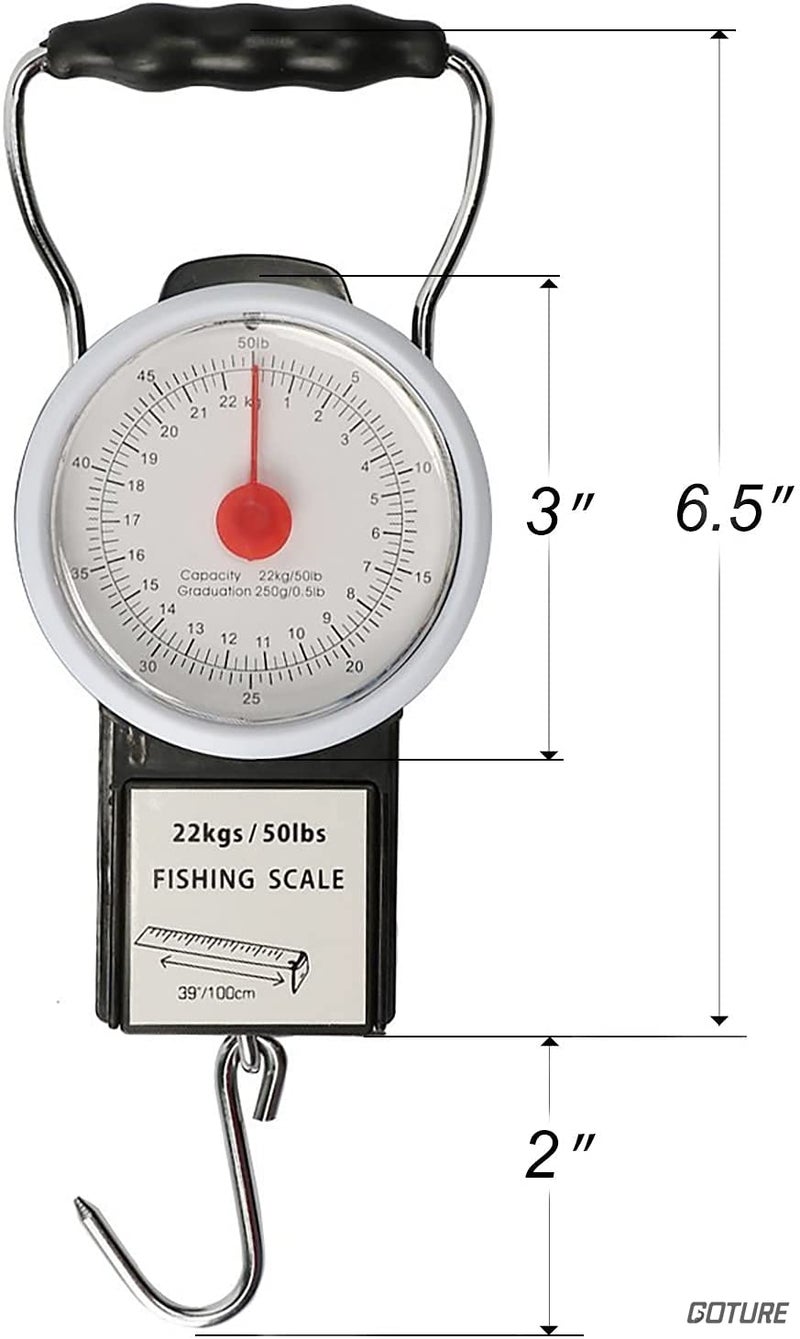 Goture Fishing Hanging Scale Mechanical Kitchen and Fish Fishing Scale Multi-Purpose Portable Hand Held Dial Weight Scale with Tape Measure (50 Lbs / 22Kg) - Image 3