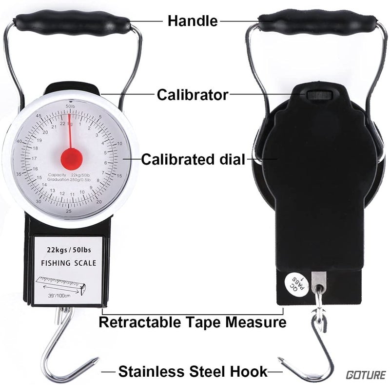 Goture Fishing Hanging Scale Mechanical Kitchen and Fish Fishing Scale Multi-Purpose Portable Hand Held Dial Weight Scale with Tape Measure (50 Lbs / 22Kg) - Image 2
