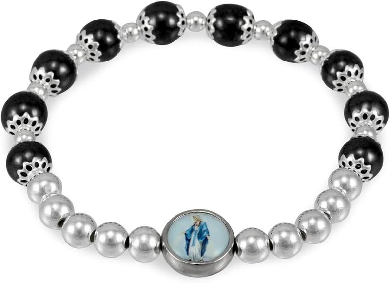 RosaryMart Hematite Rosary Bracelet Capped Beads Our Lady of Miracles