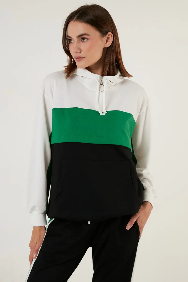 ليلا Color Block Hooded Sports Suit with Pockets Women's Set 5863835