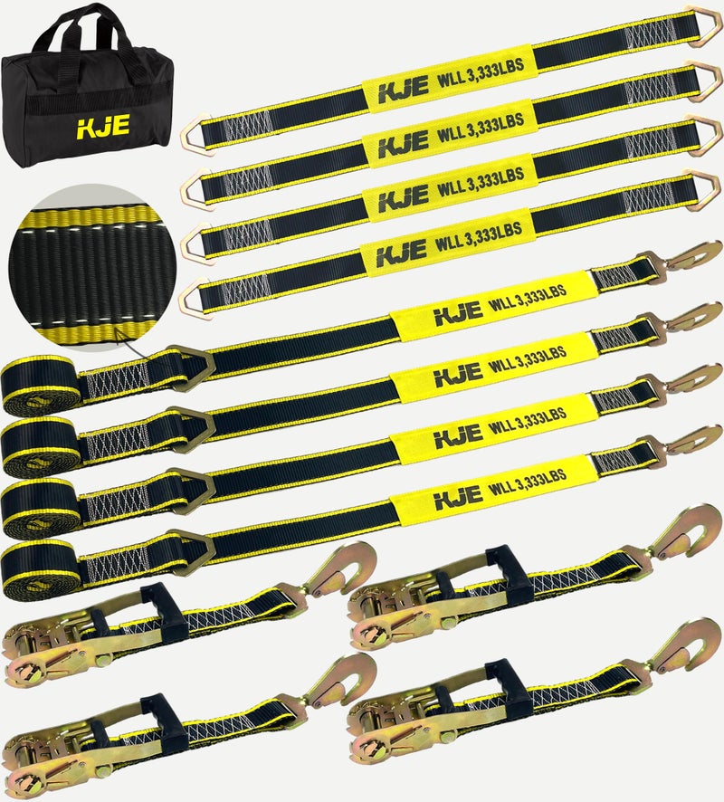 KJE Heavy Duty Car Trailer Tie Down Straps with Reflective - (4) 2" x 10' Ratchet Straps with Snap Hooks, (4) Axle Straps 2" x 36'' - 10,000lbs Break Strength - Use for Car, Truck, UTV Transport - Image 1