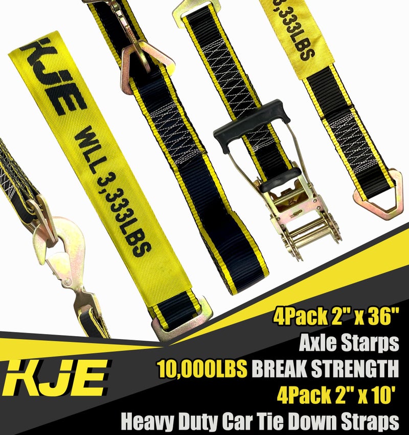 KJE Heavy Duty Car Trailer Tie Down Straps with Reflective - (4) 2" x 10' Ratchet Straps with Snap Hooks, (4) Axle Straps 2" x 36'' - 10,000lbs Break Strength - Use for Car, Truck, UTV Transport - Image 3