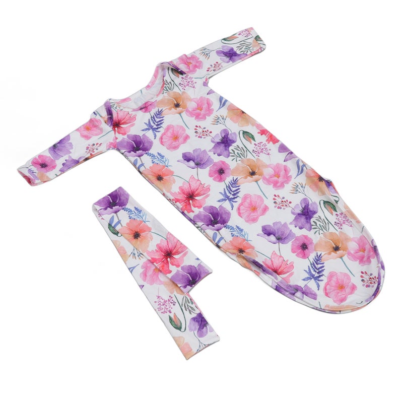 Baby Knotted Nightgown Breathable Soft Comfortable Infant Sleeping Gown with Hair Band Rose Watercolor Flowers - Image 3