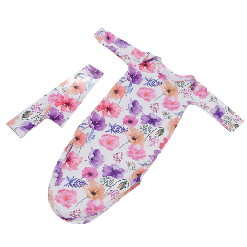 Baby Knotted Nightgown Breathable Soft Comfortable Infant Sleeping Gown with Hair Band Rose Watercolor Flowers - Image 1