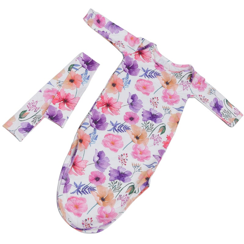 Baby Knotted Nightgown Breathable Soft Comfortable Infant Sleeping Gown with Hair Band Rose Watercolor Flowers - Image 5
