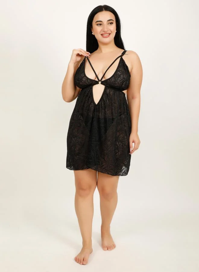 Take Two Plus Size Black Textured Lace Babydoll By Hill Islands