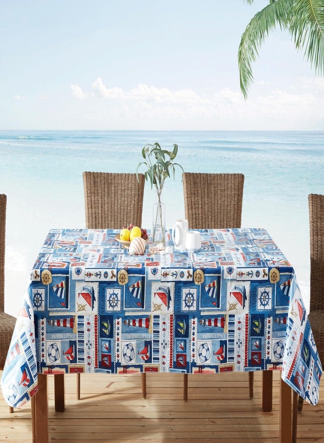 Newbridge Blue Nautical Sailboats and Lighthouses 52 x 70 Inch Rectangle Vinyl Flannel Backed Tablecloth, Patchwork Indoor Outdoor Holiday Dining Vinyl Flannel Backed Table Cover - Image 1