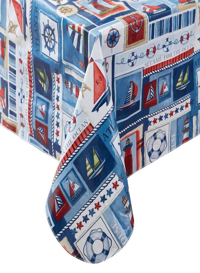 Newbridge Blue Nautical Sailboats and Lighthouses 52 x 70 Inch Rectangle Vinyl Flannel Backed Tablecloth, Patchwork Indoor Outdoor Holiday Dining Vinyl Flannel Backed Table Cover - Image 2