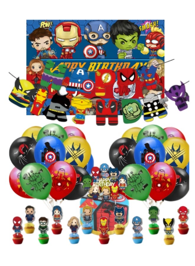 Avengers Superhero Birthday Party Decorations Set, Marvel Hero Themed Party Supplies Include Backdrop, Happy Birthday Banner, Latex Balloons, Cake Toppers, Flat Ribbon for Kids Boys Birthday Celebration - Image 1