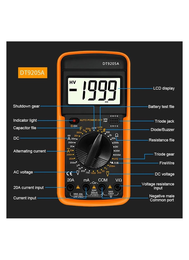 ماركة غير محددة جهاز قياس رقمي متعدد الوظائف DT9205A بشاشة LCD كبيرة – لقياس الفولت، التيار، المقاومة، والاختبارات الإلكترونية بدقة عالية  - Image 2