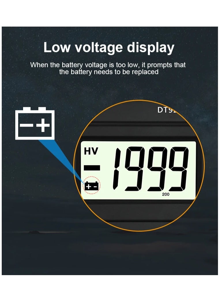 جهاز قياس رقمي متعدد الوظائف DT9205A بشاشة LCD كبيرة – لقياس الفولت، التيار، المقاومة، والاختبارات الإلكترونية بدقة عالية