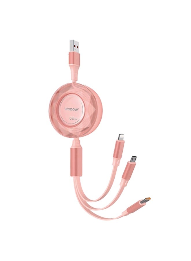 Wopow Lc012 Super Fast Charging Bidirectional Retractable Three-in Data Cable, Adjustable Stretching Fast Charging Cord, Pink, 1.2 Meters - Image 1