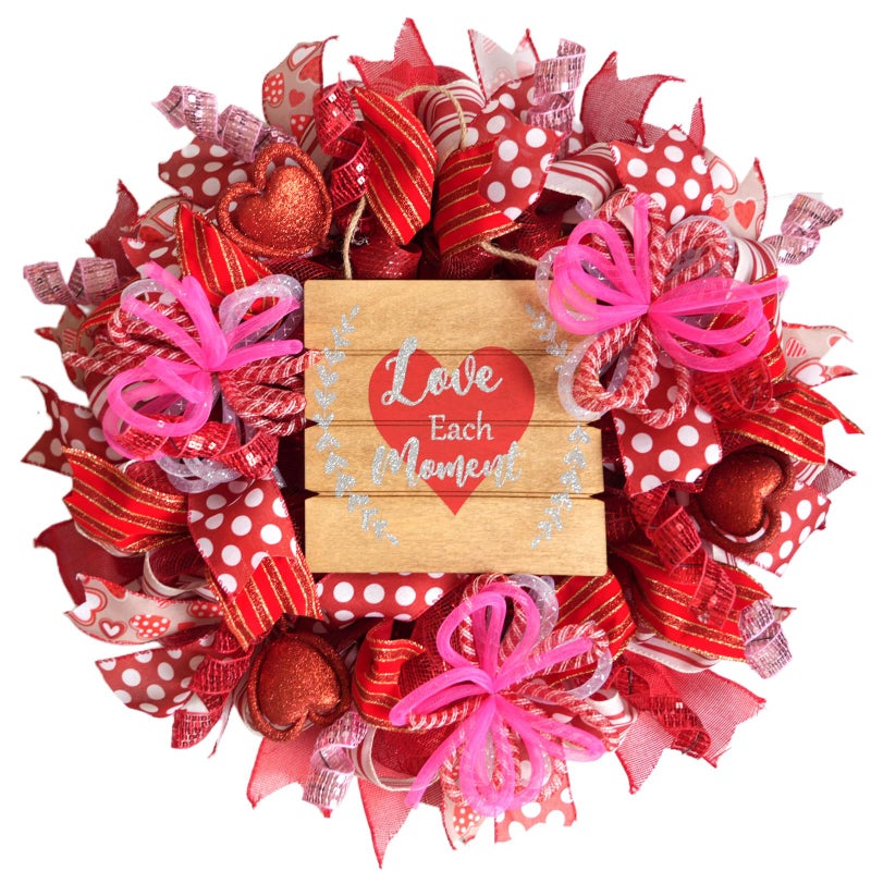 Bibelot 20 Inch Valentines Day Mesh Wreath, Red Pink Mesh Wreath with Ribbon Berry, Valentine's Day Wreaths for Wedding Anniversary Indoor Outdoor Decor - Image 1