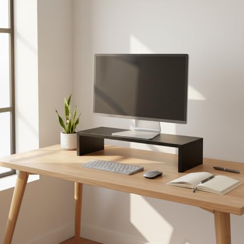flux Monitor Stand Wooden | Monitor Stand Riser | PC Stand For Desktop Table | Heavy Hold, Non Slip, Material: Particle Board Wooden Black - Image 2
