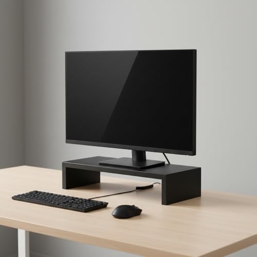flux Monitor Stand Wooden | Monitor Stand Riser | PC Stand For Desktop Table | Heavy Hold, Non Slip, Material: Particle Board Wooden Black - Image 1