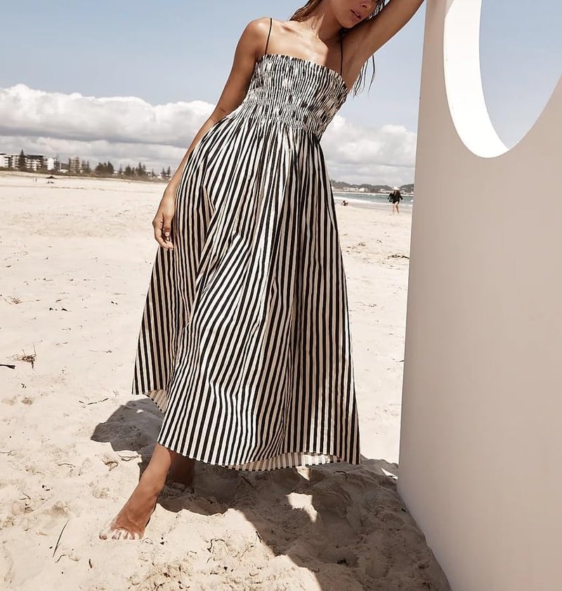 KMBANGI Women Striped Sleeveless Maxi Dress Swing Cutout Midi Dress Backless Smocked Spaghetti Strap Boho Flowy Long Sundress(Cami Stripes,L) - Image 3