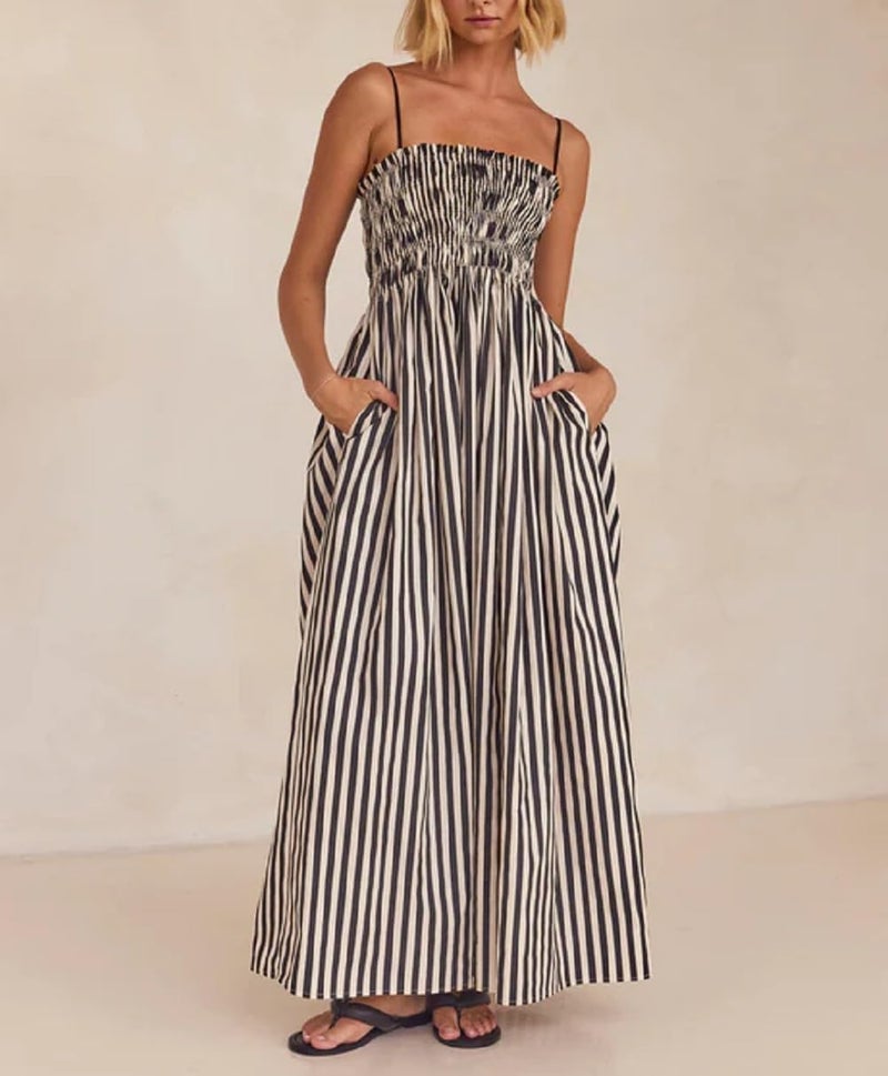 KMBANGI Women Striped Sleeveless Maxi Dress Swing Cutout Midi Dress Backless Smocked Spaghetti Strap Boho Flowy Long Sundress(Cami Stripes,L) - Image 2