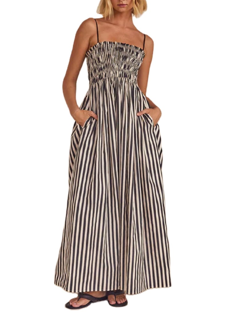 KMBANGI Women Striped Sleeveless Maxi Dress Swing Cutout Midi Dress Backless Smocked Spaghetti Strap Boho Flowy Long Sundress(Cami Stripes,L) - Image 1
