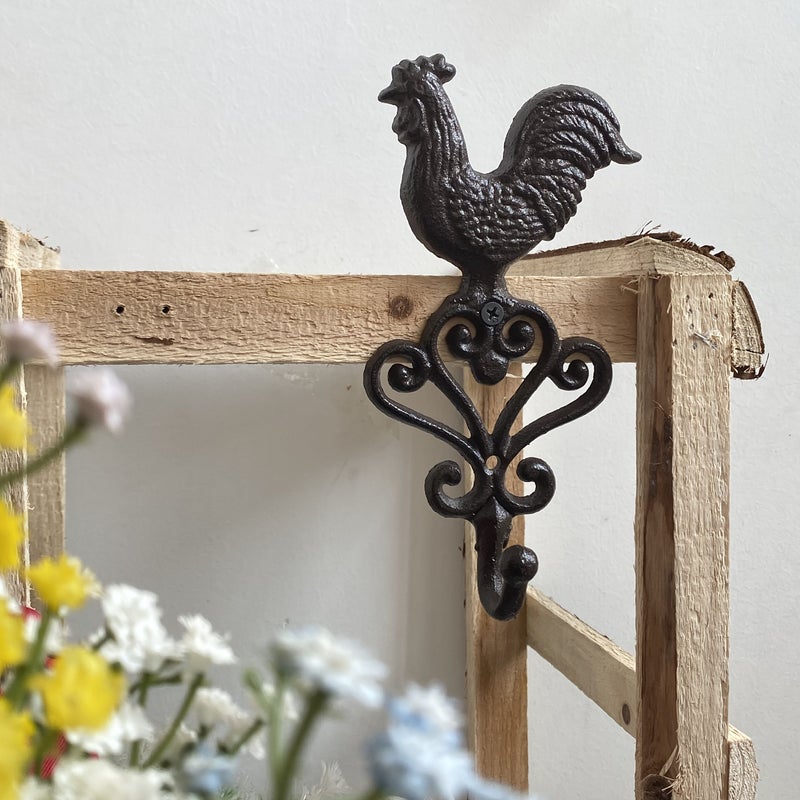 Vintage Cast Iron Rooster Wall Hook Old Black Rustic Farmhouse Hanger - Image 1