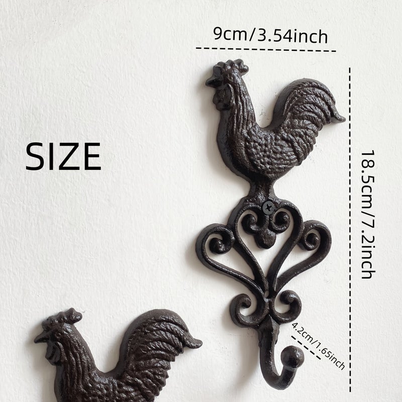 Vintage Cast Iron Rooster Wall Hook Old Black Rustic Farmhouse Hanger - Image 2