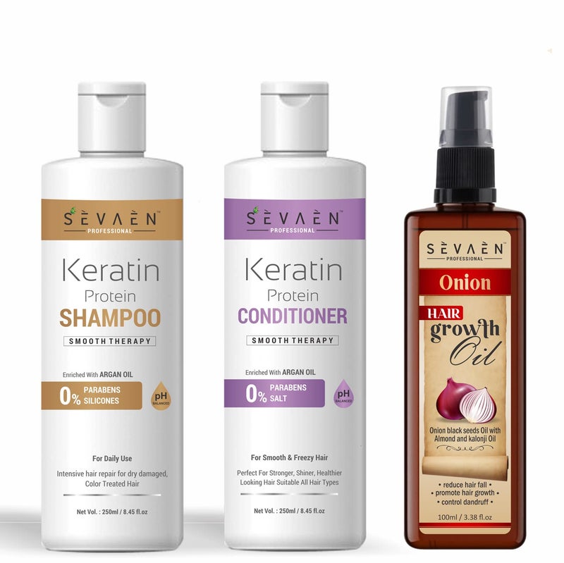 Sevaen Keratin Smooth Daily Shampoo  Keratin Smooth Daily Conditioner  Onion Hair Oil With Almond And Karonji Oil No Mineral No Sulfate Pack Of 3 For All Hair - Image 1