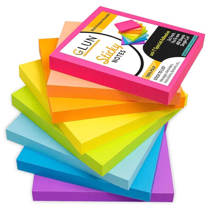 GLUN® ملاحظات لاصقة ملونة ® - 400 ورقة، دفاتر ملاحظات ذاتية اللصق بألوان زاهية للاستخدامات المكتبية - Image 1