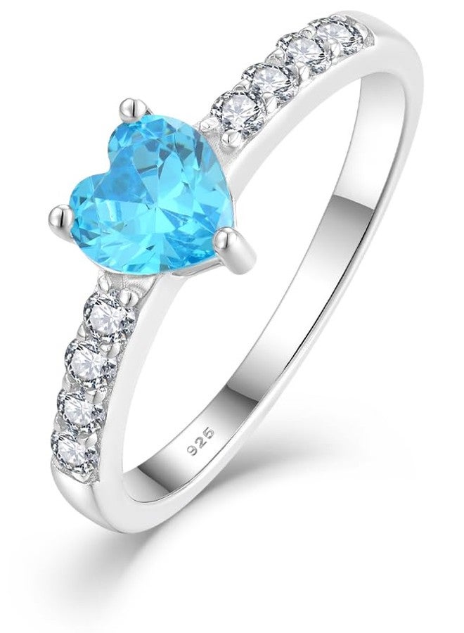 YL Blue Aquamarine Heart Promise Ring for Women, Solid 925 Sterling Silver 18K White Gold Plated 6mm Created Birthstone Halo Eternity Jewelry Size 8 - Image 1