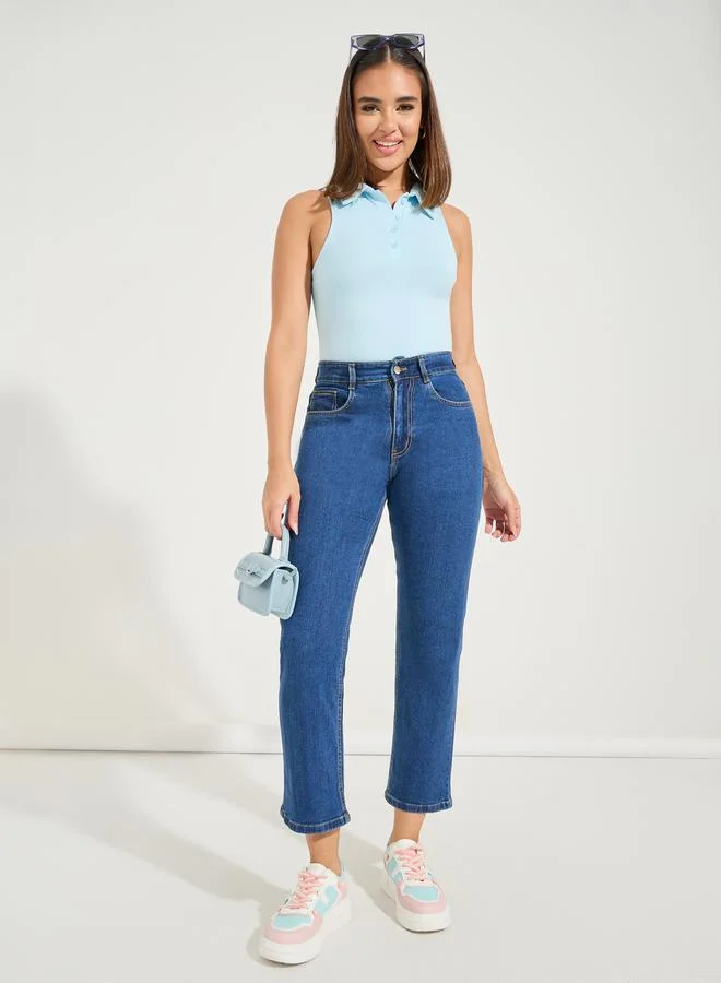 Styli Solid Sleeveless Knit Collared Bodysuit