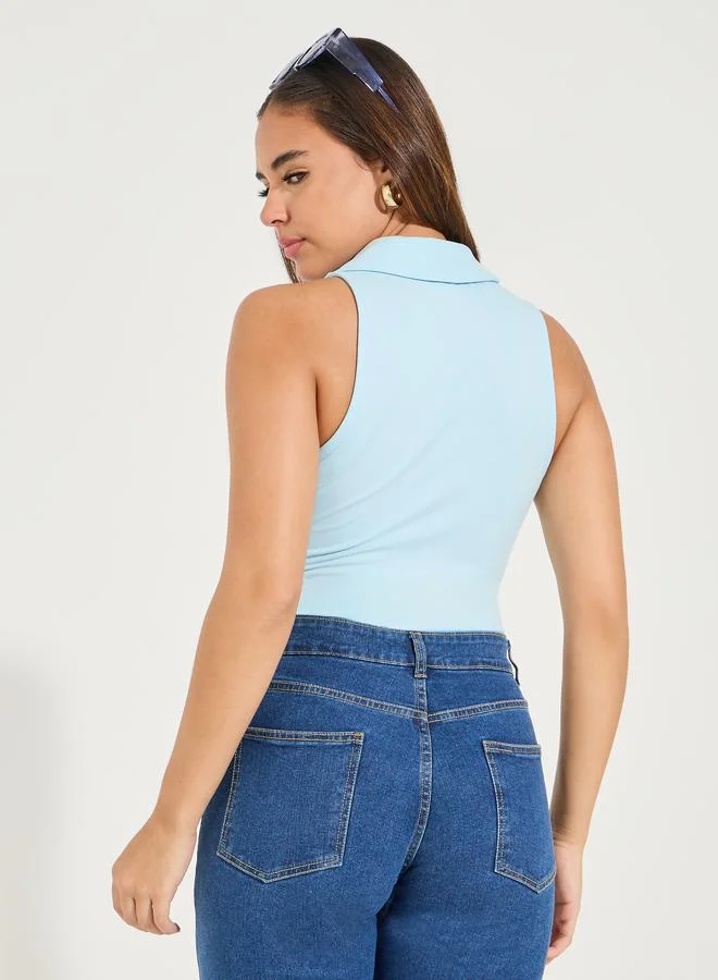 Styli Solid Sleeveless Knit Collared Bodysuit