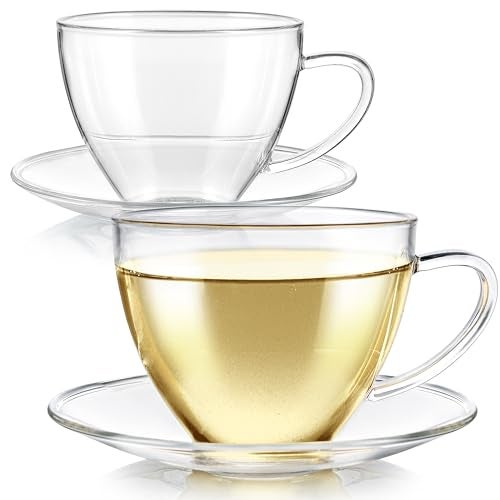 Teabloom Royal Teacup and Saucer Set 2-Pack – Medium Teacup Size – 8 OZ/ 240 ML Capacity – Crystal Clear Classic Design – Premium Borosilicate Glass – Stain-free and Heat Resistant - Image 1