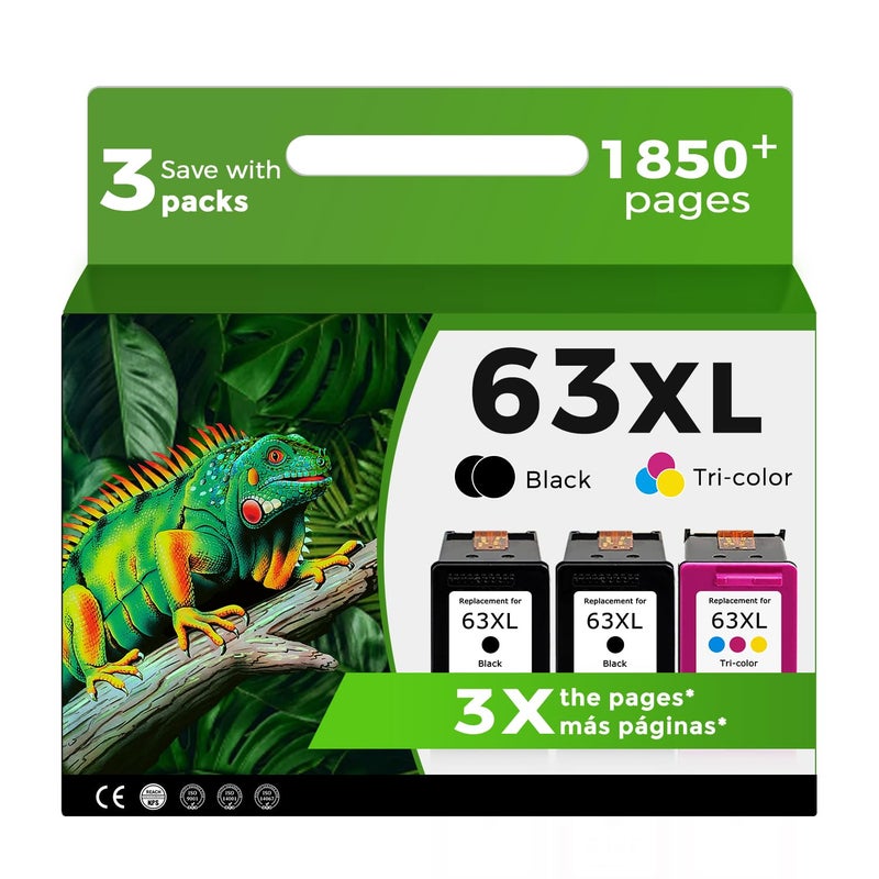 Relcolor 63XL Ink Cartridges for HP 63 XL Black Color Combo 3-Pack Replacement for HP63 HP63XL for 3830 4520 5258 3630 4650 5255 4652 4655 5200 4512 3632 5252 2132 1112 3631 2130 4510 4654 3634 3833 Printer - Image 1