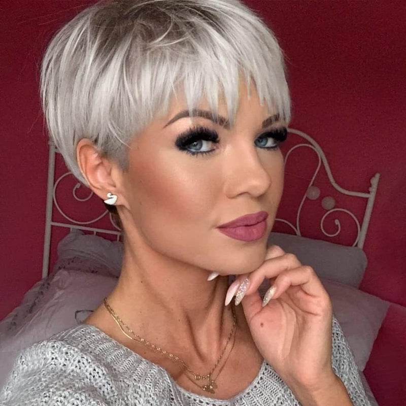 MIMAN Short Platinum Blonde Pixie Cut Wig Fluffy Short Hair Wigs with Bangs Dark Color Roots Layered Hair Replacement Natural Looking Synthetic Wig Halloween Costumes Wigs for Women - Image 1