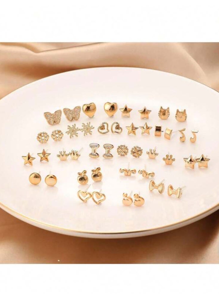مجموعة أقراط الأذن النسائية مكونه من 36  زوجًا بتصميم بسيط وعصري تشمل الأقراط على شكل قلب ونجمة وفراشة وتاج وغيرها - ذهبي أصفر - Image 2