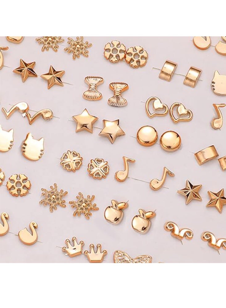مجموعة أقراط الأذن النسائية مكونه من 36  زوجًا بتصميم بسيط وعصري تشمل الأقراط على شكل قلب ونجمة وفراشة وتاج وغيرها - ذهبي أصفر - Image 3