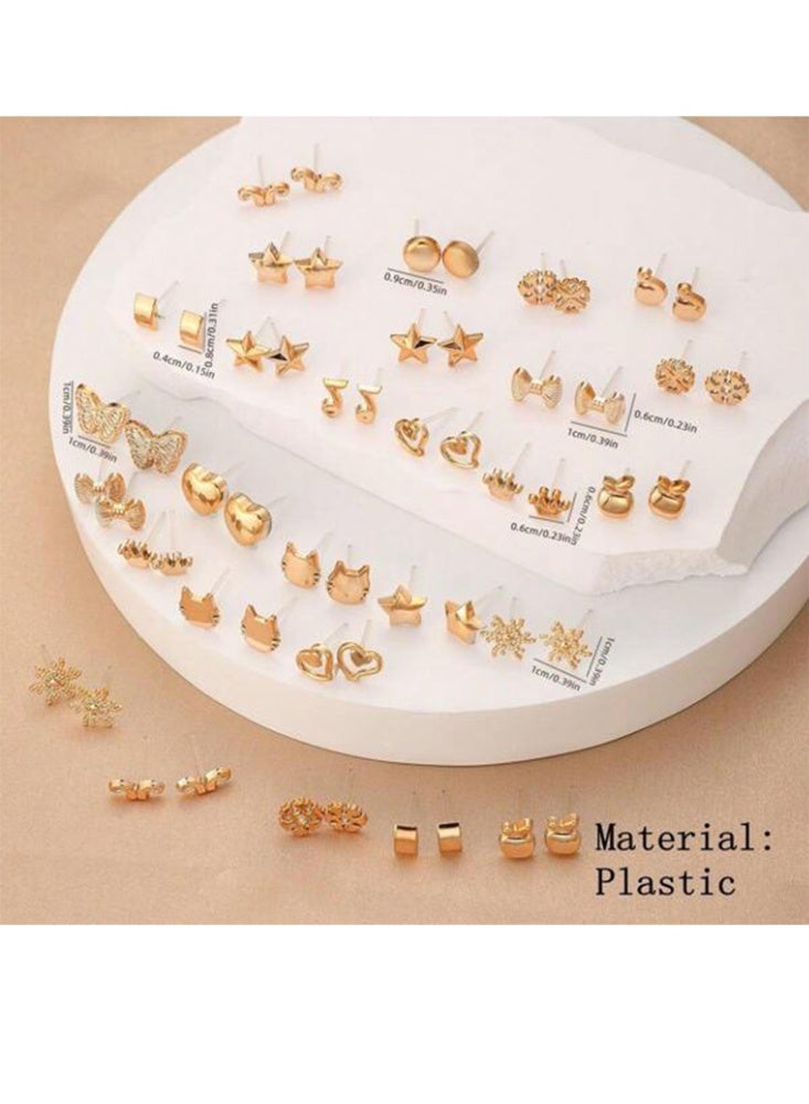 مجموعة أقراط الأذن النسائية مكونه من 36  زوجًا بتصميم بسيط وعصري تشمل الأقراط على شكل قلب ونجمة وفراشة وتاج وغيرها - ذهبي أصفر - Image 4
