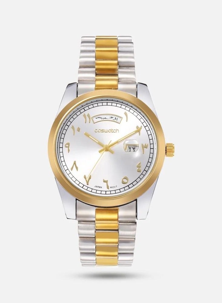 ريل ستار ساعة رجالية بسير بلونين ذهبي وفضي وأرقام عربية