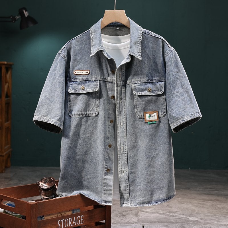 Shirt Wholesale Summer New Japanese Workwear Denim Short-Sleeved Shirt Mens Loose Casual Shirt Jacket Vintage blue
