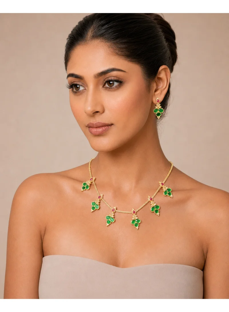 Lehar Green Stone Necklace & Earring Set - Gold Tone Indian Traditional Jewelry