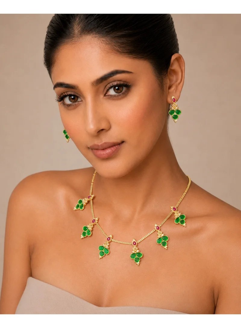 Lehar Green Stone Necklace & Earring Set - Gold Tone Indian Traditional Jewelry