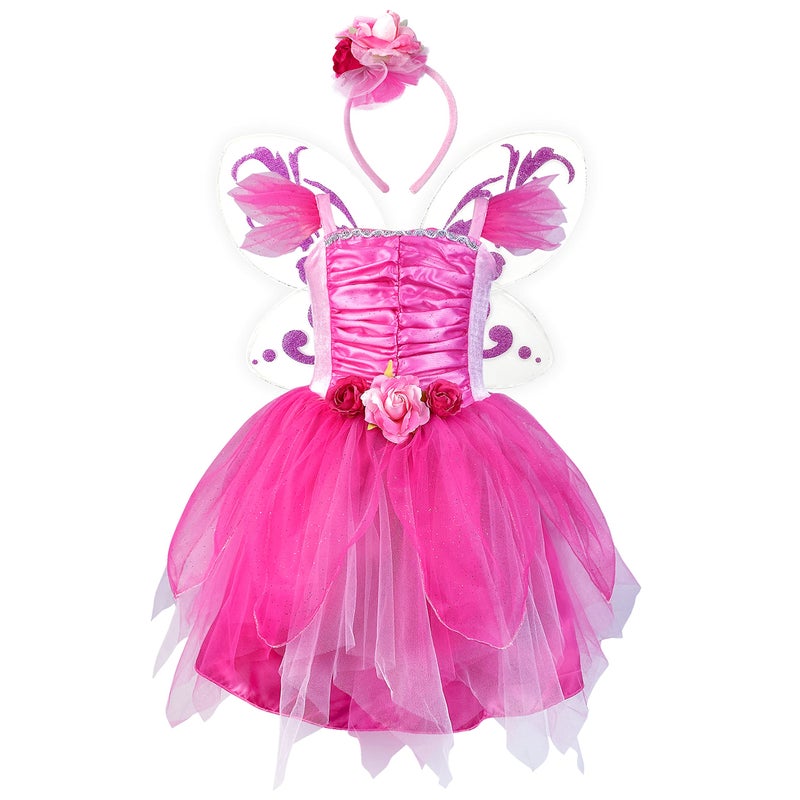 DJDLPARTY Hot Pink Fairy Costume for Girls 56Y Kids Toddler Fairy Dresses with Butterfly Wings and Flower Headband for Hallowen Cosplay Birthday - Image 3