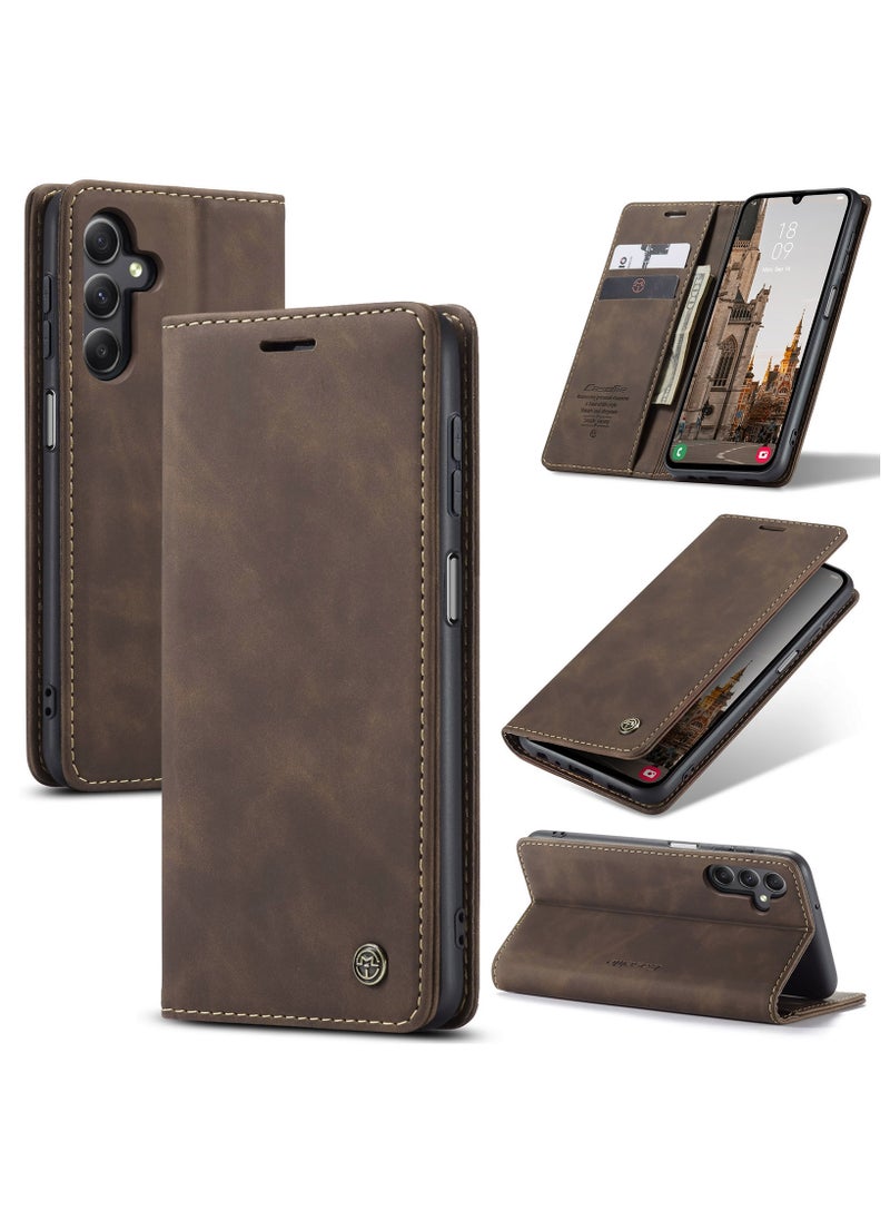 CaseMe - CaseMe Samsung Galaxy A15 Wallet Case Book Folding Flip Folio Case with Magnetic Kickstand Card Slots Protective Cover - Coffee - Image 1