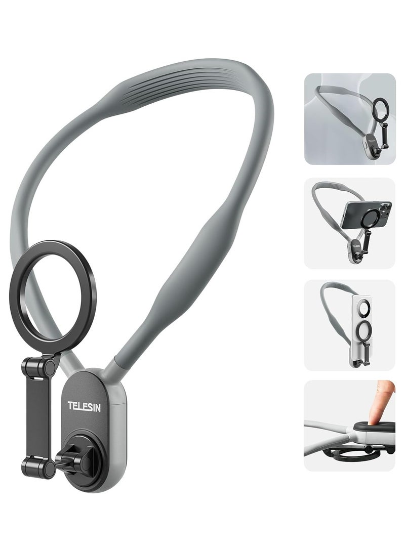 TELESIN Magnetic Neck Mount For Phones, Neck Cell Phone Holder POV Vlog Selfie Mount Hand Free Phone Neck Holder Chest Stand Strap Video Recording For iPhone 16 15 14 13 12 Seires, Android Phones With Magents - Grey - Image 1