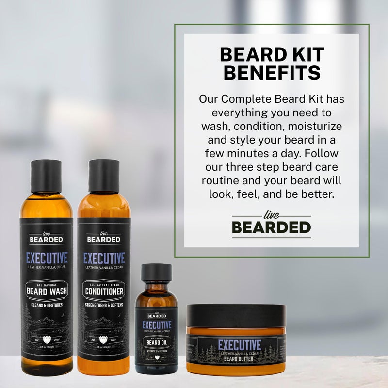 Live Bearded Complete Beard Grooming Kit - Wash, Conditioner, Butter and Oil - Made in the USA with All-Natural Ingredients - Mens Groom Set | Executive Scent - Cedar, Vanilla - Image 3
