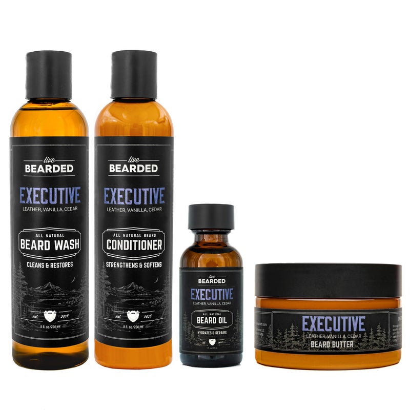 Live Bearded Complete Beard Grooming Kit - Wash, Conditioner, Butter and Oil - Made in the USA with All-Natural Ingredients - Mens Groom Set | Executive Scent - Cedar, Vanilla - Image 1