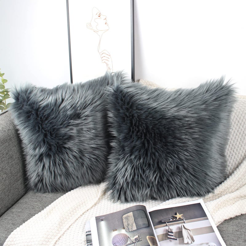 OYIMUA Fluffy Decorative Throw Pillow Covers 18x18, Faux Fur Farmhouse Luxury Pillow Cases,Soft Plush Fuzzy Dark Gray Cushion Covers for Sofa Couch Living Room Bedroom Set of 2 - Image 3