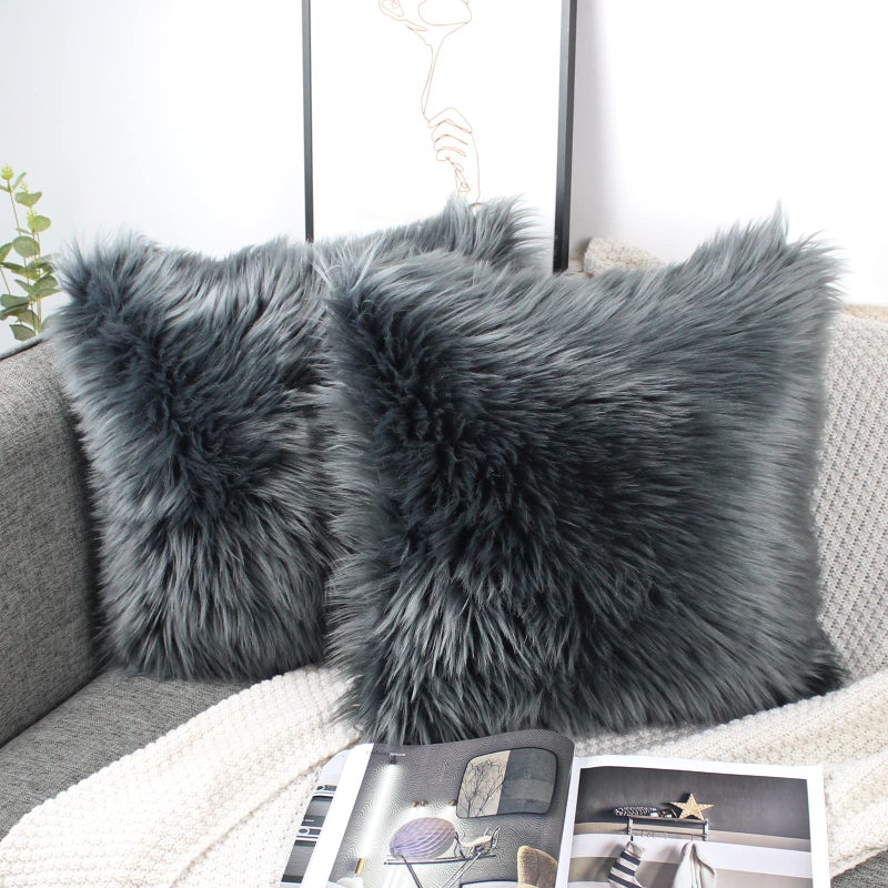 OYIMUA Fluffy Decorative Throw Pillow Covers 18x18, Faux Fur Farmhouse Luxury Pillow Cases,Soft Plush Fuzzy Dark Gray Cushion Covers for Sofa Couch Living Room Bedroom Set of 2 - Image 1