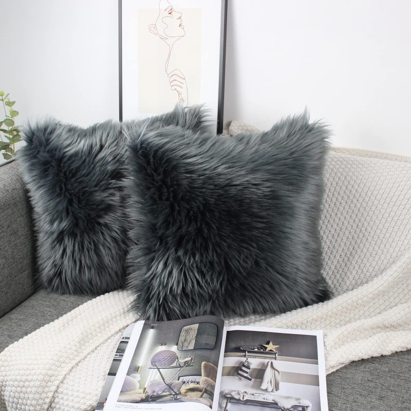 OYIMUA Fluffy Decorative Throw Pillow Covers 18x18, Faux Fur Farmhouse Luxury Pillow Cases,Soft Plush Fuzzy Dark Gray Cushion Covers for Sofa Couch Living Room Bedroom Set of 2 - Image 2