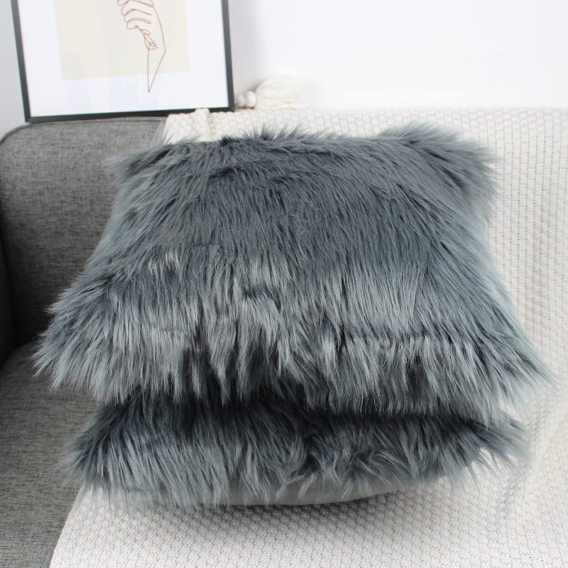 OYIMUA Fluffy Decorative Throw Pillow Covers 18x18, Faux Fur Farmhouse Luxury Pillow Cases,Soft Plush Fuzzy Dark Gray Cushion Covers for Sofa Couch Living Room Bedroom Set of 2 - Image 4